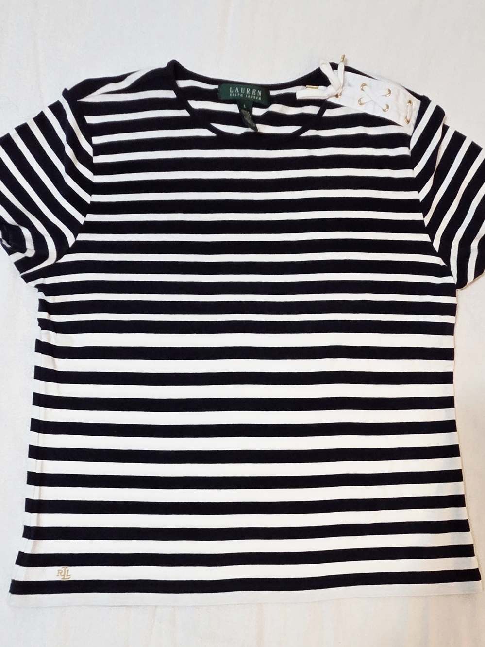 Ralph Lauren Black and White Striped Short Sleeve Tee with Shoulder Lace-Up